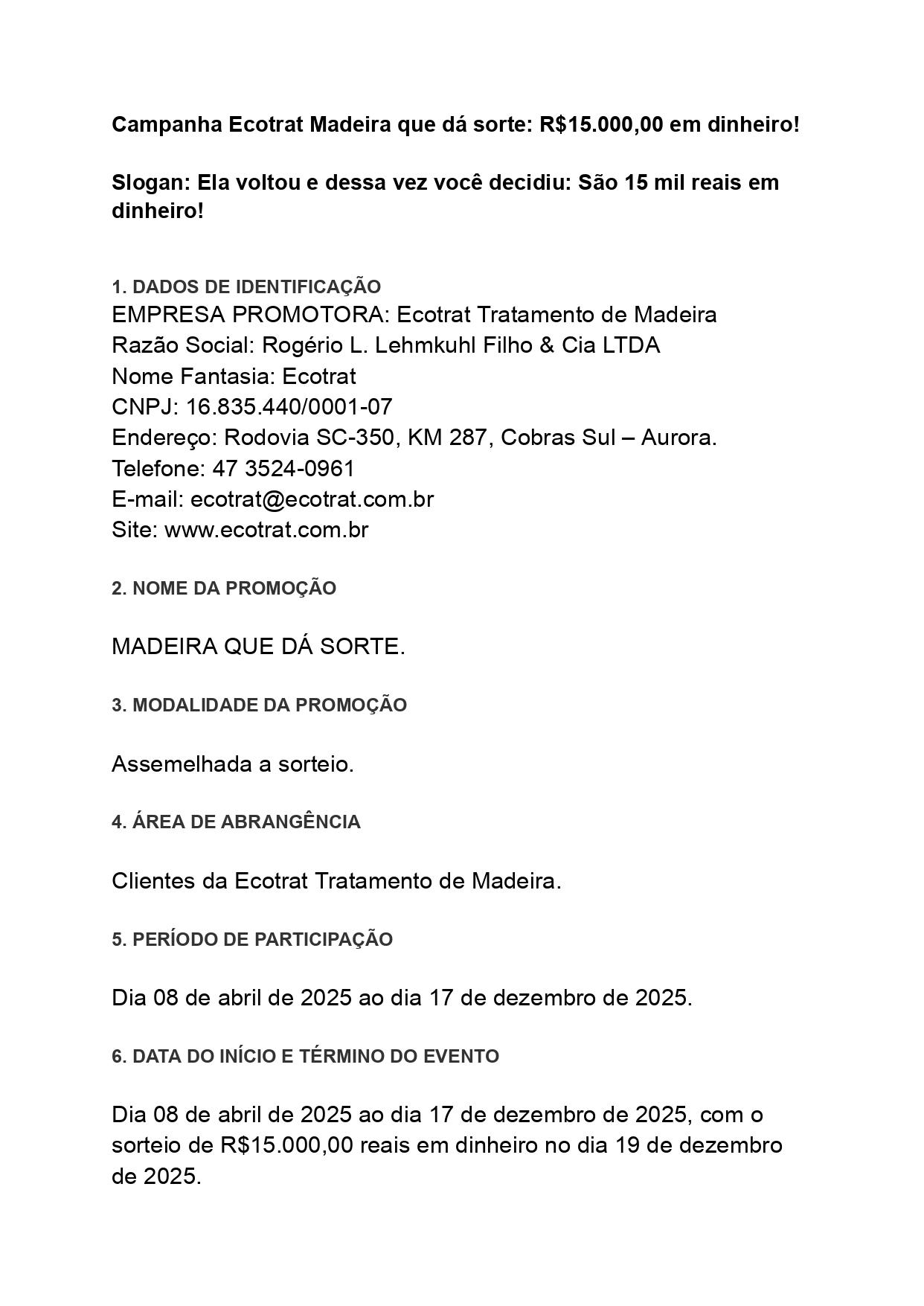 Regulamento Campanha Madeira que dá sorte Ecotrat